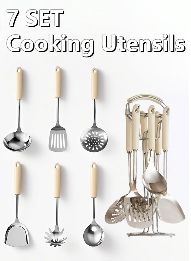 Stainless Steel kitchenware seven Pieces Set (White ).Cooking Utensils 7 pcs Set with hanging shelf .Include Slotted Spoon, Slotted Spatula, Large Spoon, Soup Ladle, Spatula, Pasta spoon.  - Image 1
