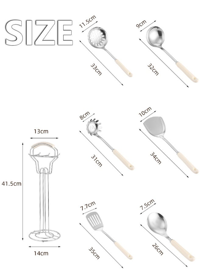 Stainless Steel kitchenware seven Pieces Set (White ).Cooking Utensils 7 pcs Set with hanging shelf .Include Slotted Spoon, Slotted Spatula, Large Spoon, Soup Ladle, Spatula, Pasta spoon.  - Image 2