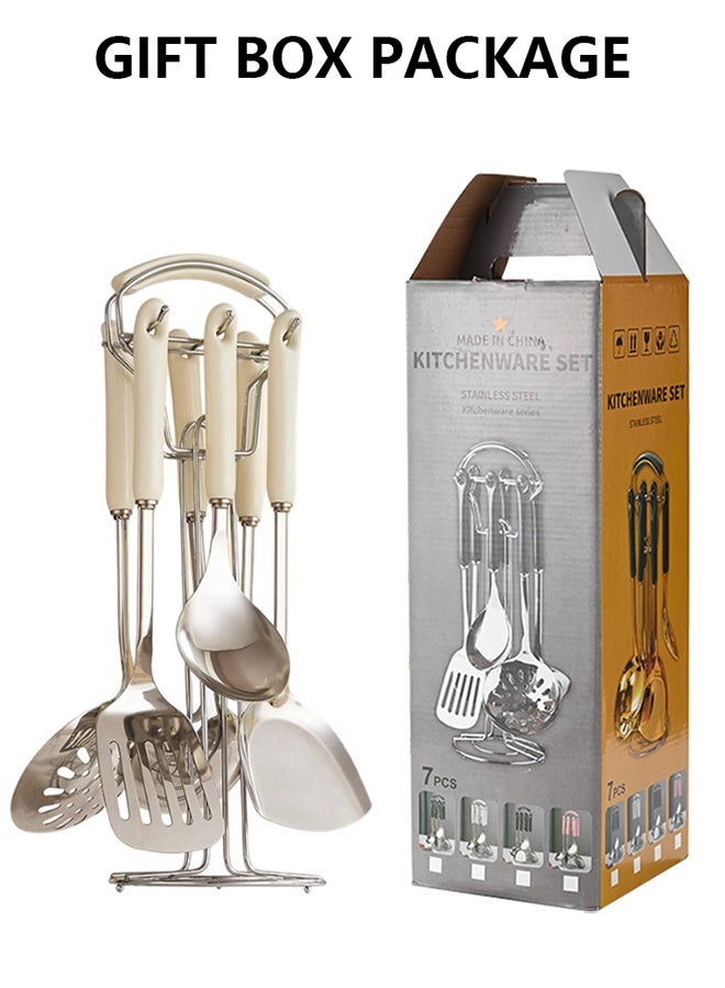 مجموعة أدوات المطبخ الصناعية من الفولاذ المقاوم للصدأ من سبع قطع (أبيض). مجموعة أدوات الطهي من 7 قطع مع رف تعليق. تشمل ملعقة مفصلة، ملعقة نحاسية مفصلة، ملعقة كبيرة، ملعقة شوربة، ملعقة نحاسية، ملعقة پاستا. - Image 4