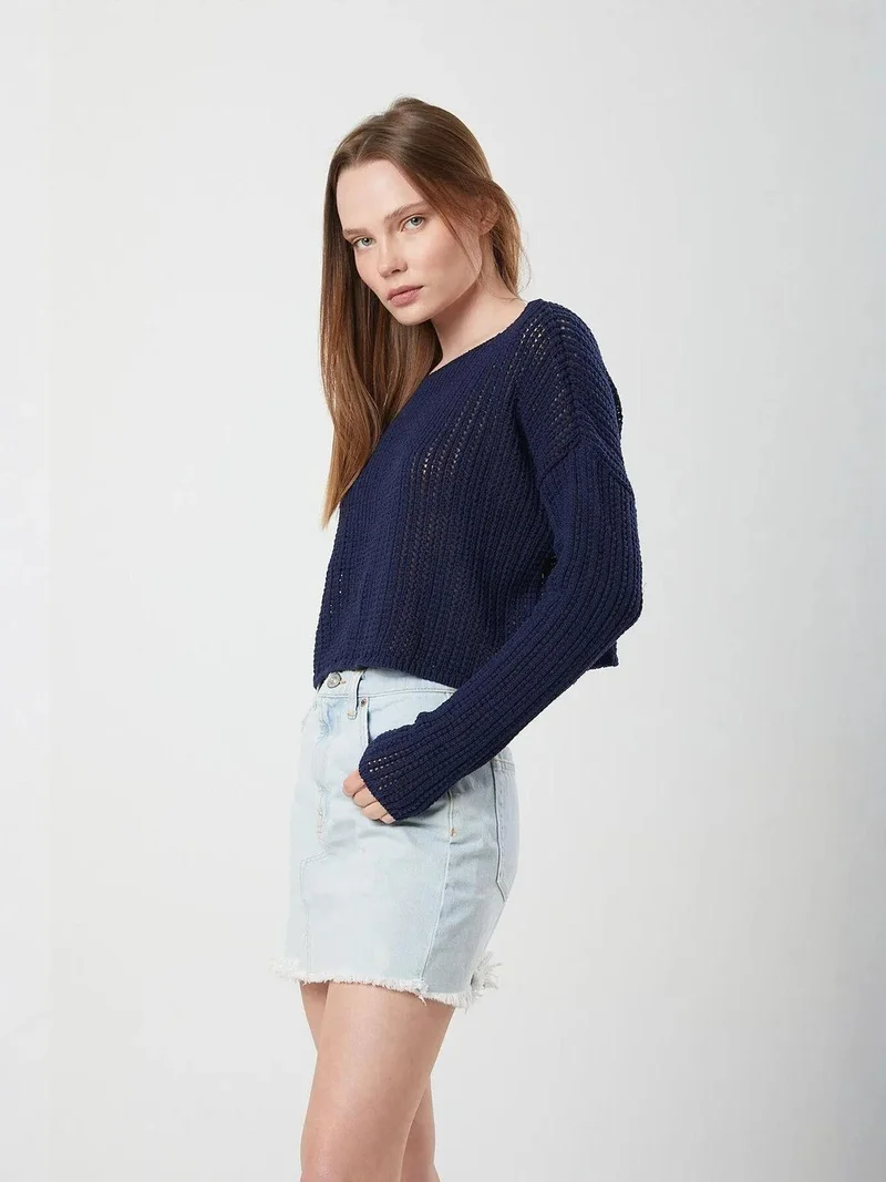 MixRay Mixray Openwork Boat Neck Crop Knit Top