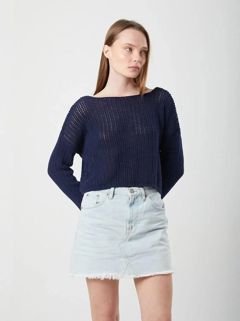 Mixray Openwork Boat Neck Crop Knit Top