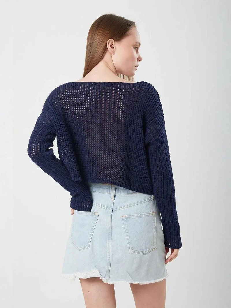 Mixray Navy Blue Mixray Openwork Boat Neck Crop Knit Top for Women | Best Price UAE