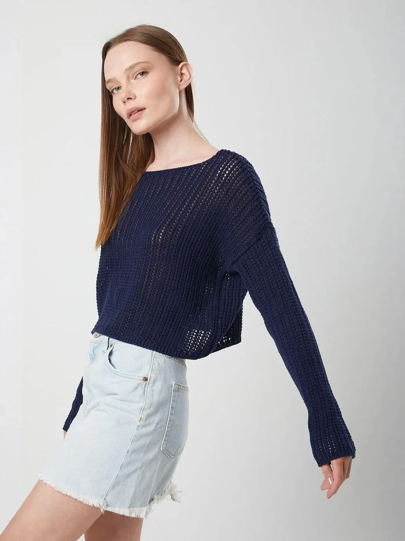 Mixray Navy Blue Mixray Openwork Boat Neck Crop Knit Top for Women | Best Price UAE