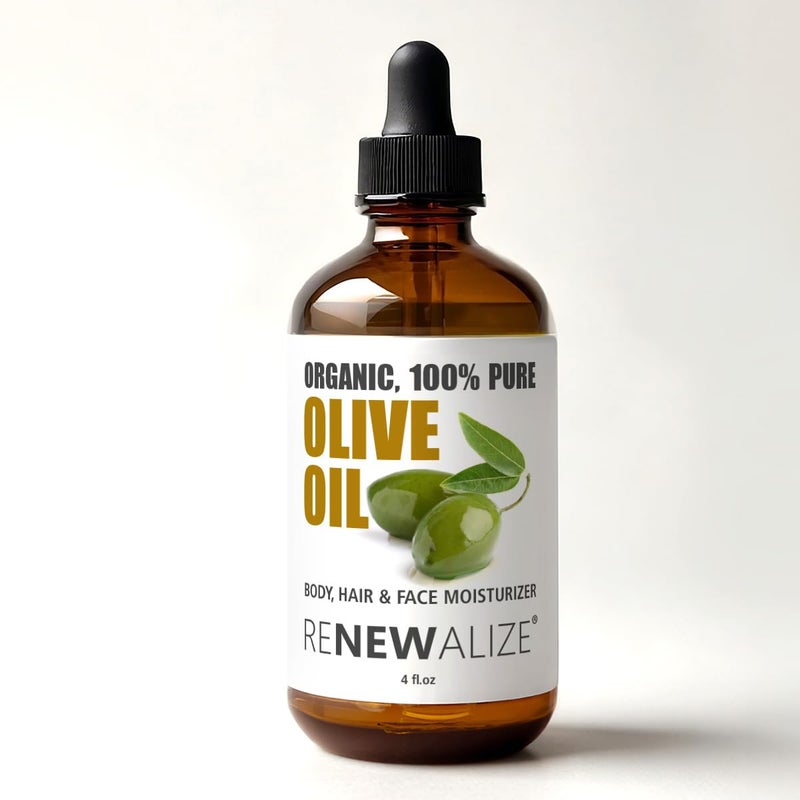 Renewalize Certified Organic Olive Oil Dry Skin Body and Hair Moisturizer Unrefined Extra Virgin Cold Pressed Hot Oil Treatment