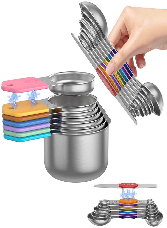 Abtrino Magnetic Measuring Cups and Spoons Set - 304 Stainless Steel | Dual-sided Design | Set of 15 with Leveler | Strong N52 Magnetic Nesting Design | for Dry & Liquid Ingredients (Colorful) - Image 1