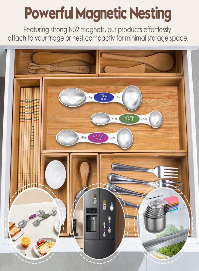 Abtrino Magnetic Measuring Cups and Spoons Set - 304 Stainless Steel | Dual-sided Design | Set of 15 with Leveler | Strong N52 Magnetic Nesting Design | for Dry & Liquid Ingredients (Colorful) - Image 5
