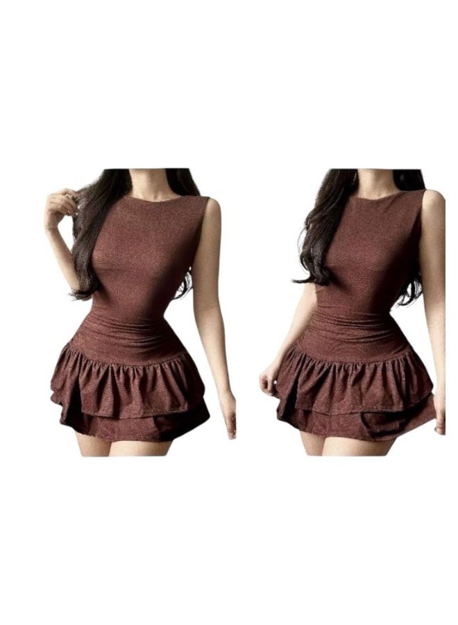 دريس إت آب فستان لاتيني بكشكشة من قماش قطني سباندكس (بني) مقاس صغير