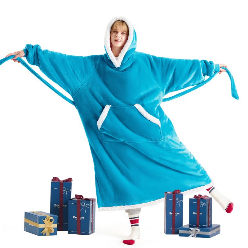 Bedsure Bedsure Wearable Blanket Hoodie Women - Long Sherpa Fleece Hooded Blanket for Teens Adult  Warm Cozy Blanket Sweatshirt with Giant Pocket and Belt  Winter Gifts for Girls  Small  Teal  - Image 1