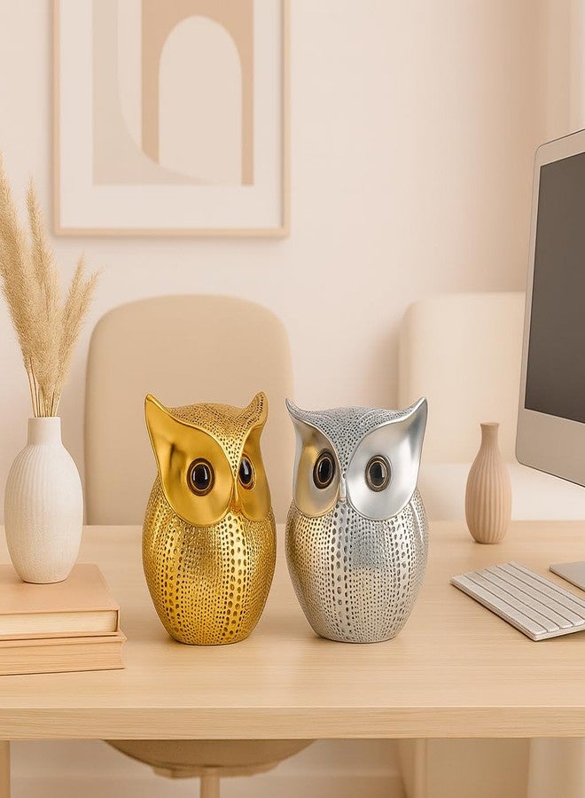 SRJANA Modern Classy Lucky Owl Combo Resin Art Figure Showpiece (Pack of 2, Golden and Silver) - Image 3