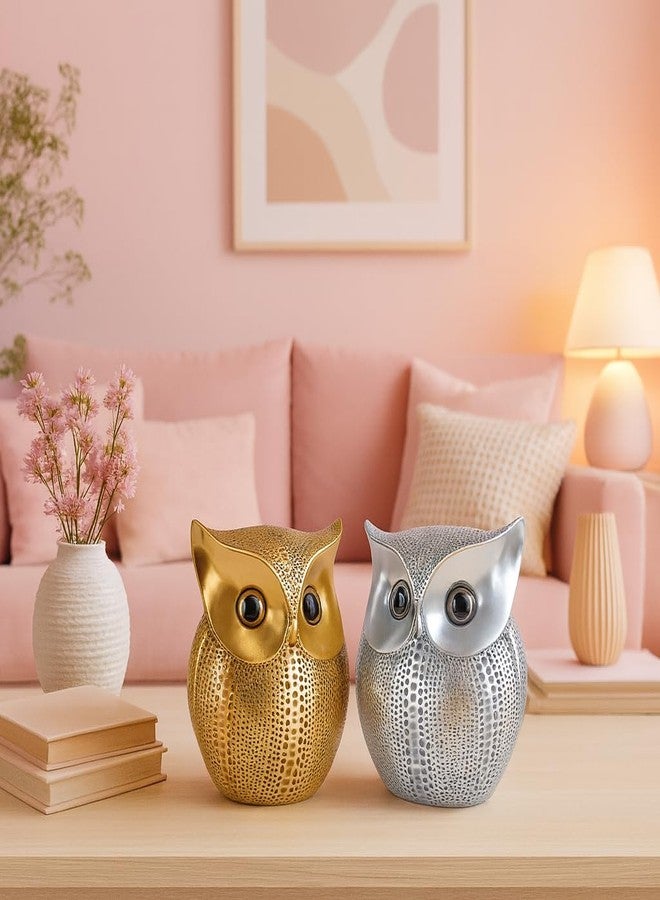 SRJANA Modern Classy Lucky Owl Combo Resin Art Figure Showpiece (Pack of 2, Golden and Silver) - Image 1