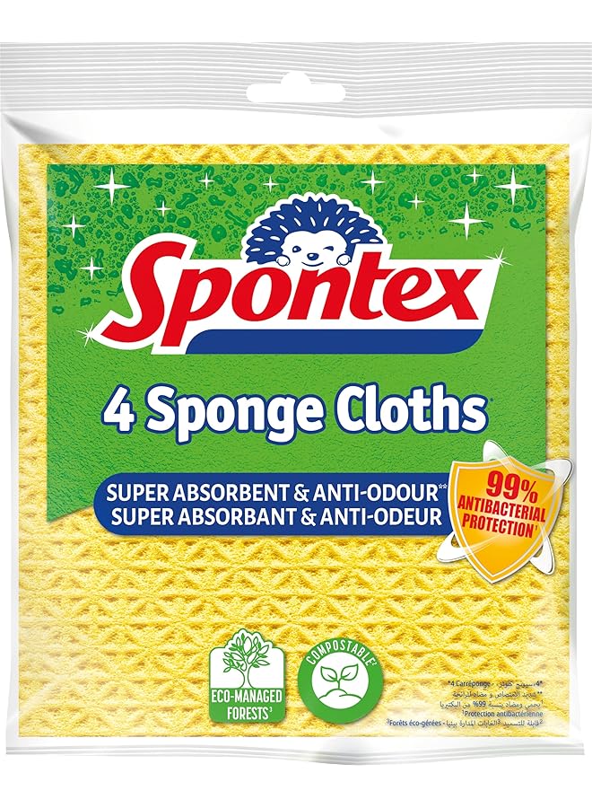 Spontex Sponge Cloths With Anti-bacterial Protection, Stops Odours and Stays Fresher for Longer, Absorbent, Flexible and Durable, 100% Biodegradable, Multicolour, 4 Pieces - Image 1