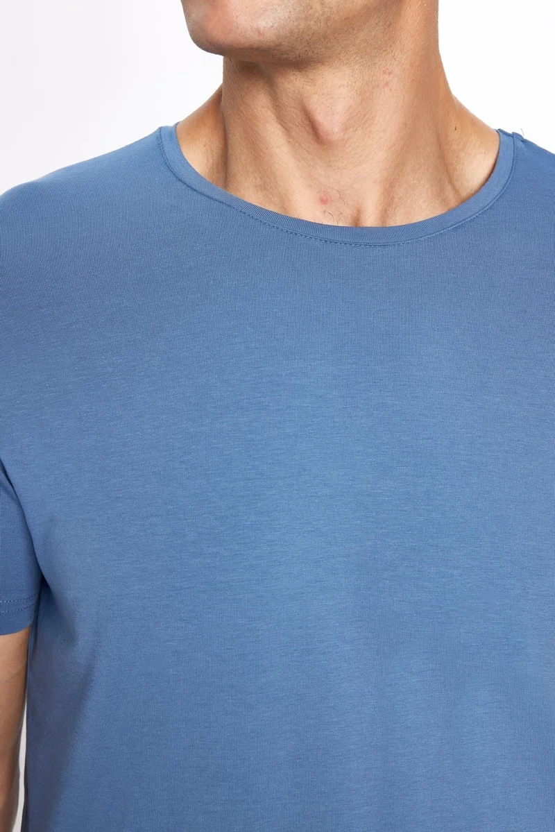 تودورس Men's Slim Fit Slim Cut Cotton Soft Texture Flexible Fabric Plain Basic Blue Crew Neck T-Shirt