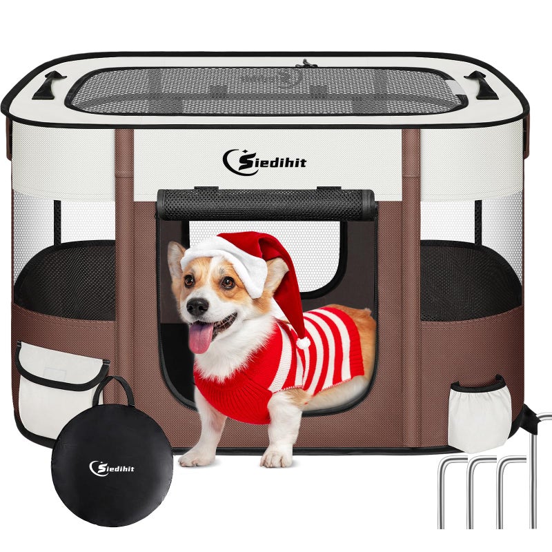 Siedihit Dog Playpen,Cat Pet Puppy Pen,Portable Playpens for Dogs Indoor Outdoor Travel Camping Use,Foldable Dog Kennel Tent Crate for Rabbit Small Animals with Carrying Case (Brown, Small) - Image 1