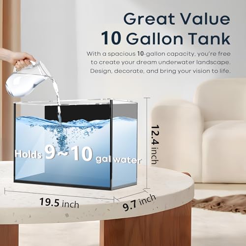 Wonderfactory 10 Gallon Glass Fish Tank, Aquarium Fish Bowl Cube for Betta Goldfish Snails Shrimp Aquatic Planting, Easy to Maintain Ultra Clear Rimless Dark Background Low Iron - Image 3