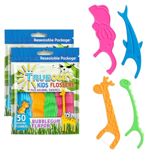 Trueocity Kids Flossers 2 Pack (100 Total), Kids Floss Picks, Flossers Children, Floss Children, Animal Shapes, Glides Easy Between Teeth, Flosser Helps Prevent Tooth Decay & Gum Disease, Bubble Gum Flavored - Image 1