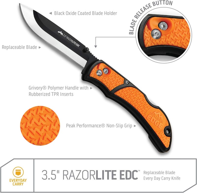 Outdoor Edge سكين RazorLite EDC بحجم 3.5 بوصة. سكين جيب بشفرات قابلة للاستبدال ومشبك. الشفرة المثالية لصيد الغزلان. - Image 2