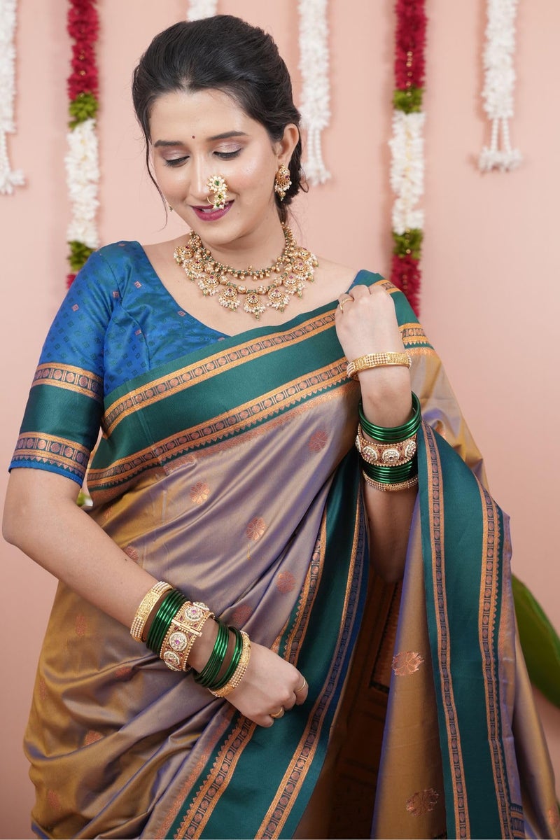 SGF11 Women's Kanjivaram Pure Soft Silk Saree With Unstitched Blouse Piece (Grey) - Image 5