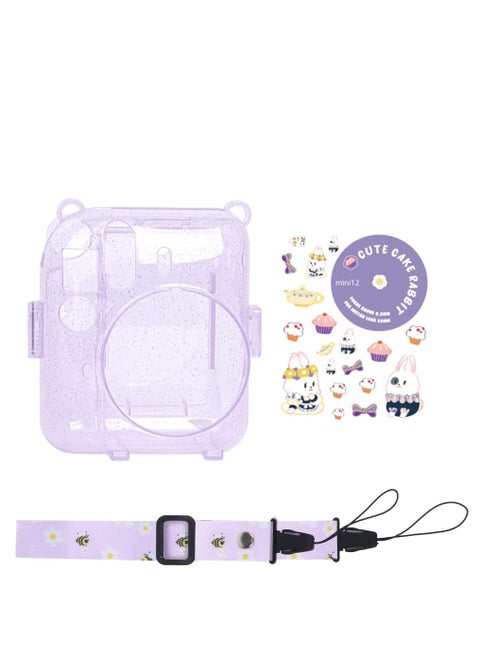 Transparent Glitter Crystal Case for Fujifilm Instax Mini 12 Camera Adjustable PC Camera Protective Case with Upgraded Films Pocket Pouch for Storing Photos (Purple)