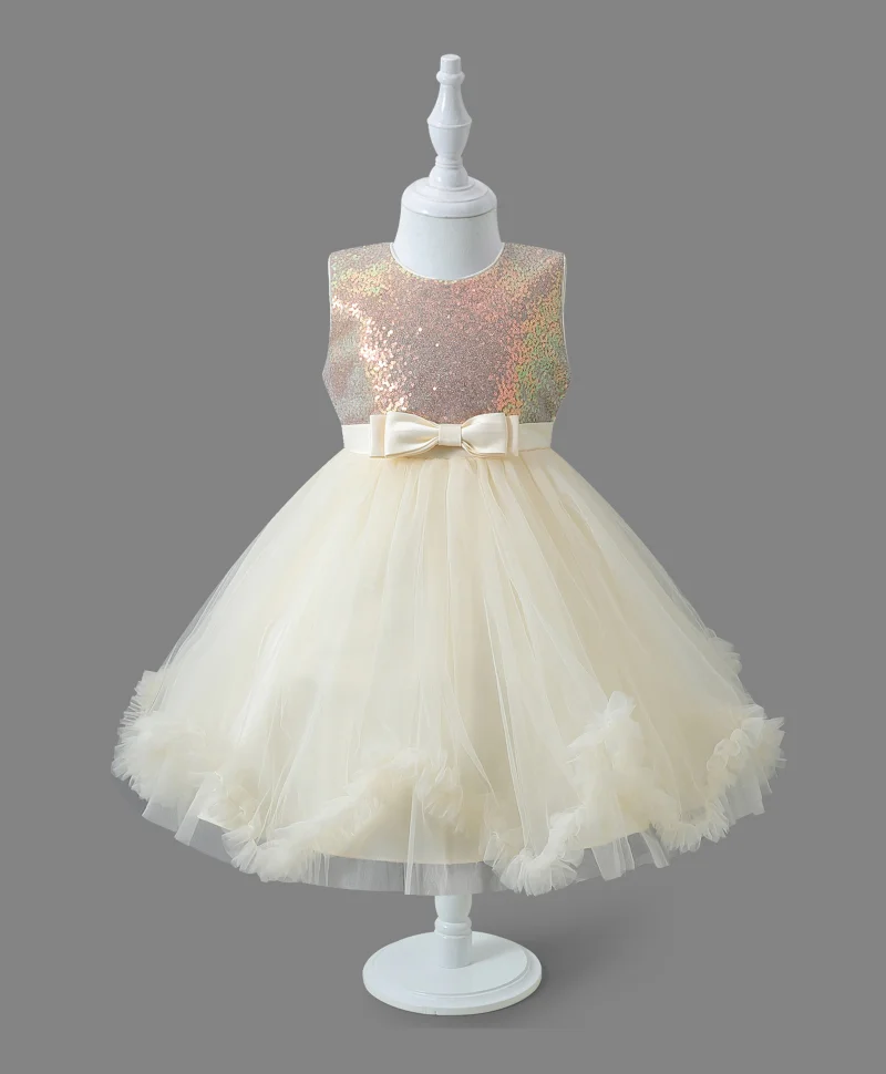 مارك وميا فستان حفلات مزين بفيونكة ومطرز بالترتر - أوف وايت