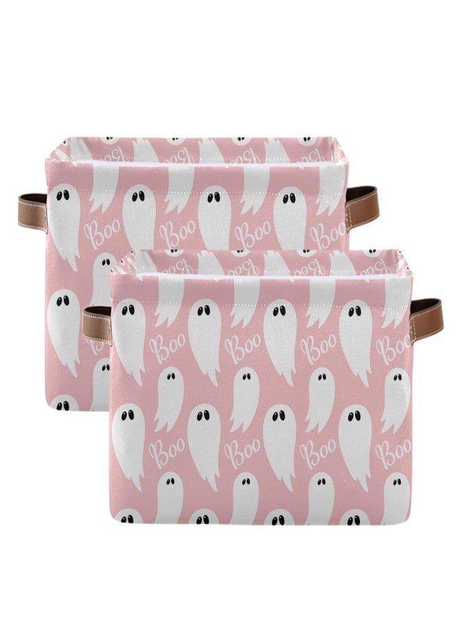 Pfrewn Halloween Baby Gift Storage Basket Pink Ghost Boo Collapsible Rectangular Storage Boxes Organizer Shelf Basket Toy Book Storage Bin for Nursery 16×12×8 IN - Image 2