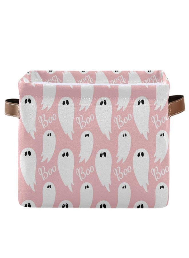 Pfrewn Halloween Baby Gift Storage Basket Pink Ghost Boo Collapsible Rectangular Storage Boxes Organizer Shelf Basket Toy Book Storage Bin for Nursery 16×12×8 IN - Image 1