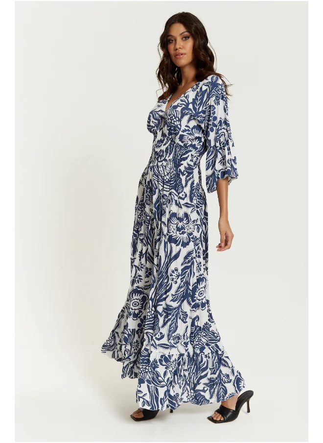 هوكستون جال Floral Print Maxi Dress with V-Neck and Shirred Waist in Navy