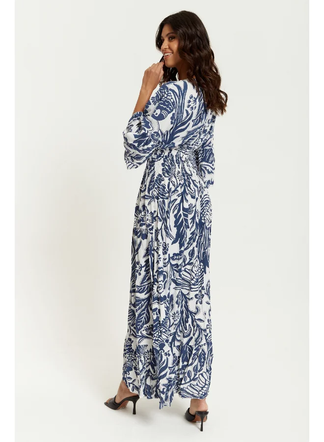 Hoxton Gal Floral Print Maxi Dress with V-Neck and Shirred Waist in Navy