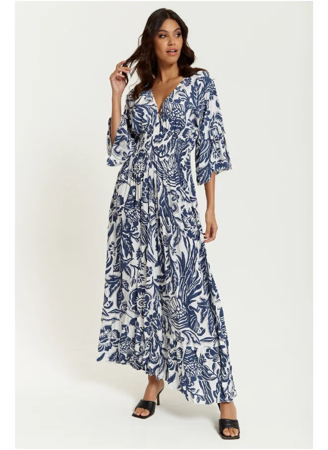 هوكستون جال Floral Print Maxi Dress with V-Neck and Shirred Waist in Navy