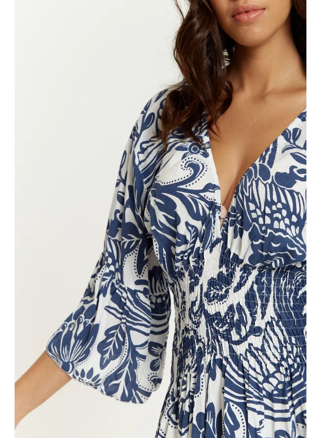Hoxton Gal Floral Print Maxi Dress with V-Neck and Shirred Waist in Navy