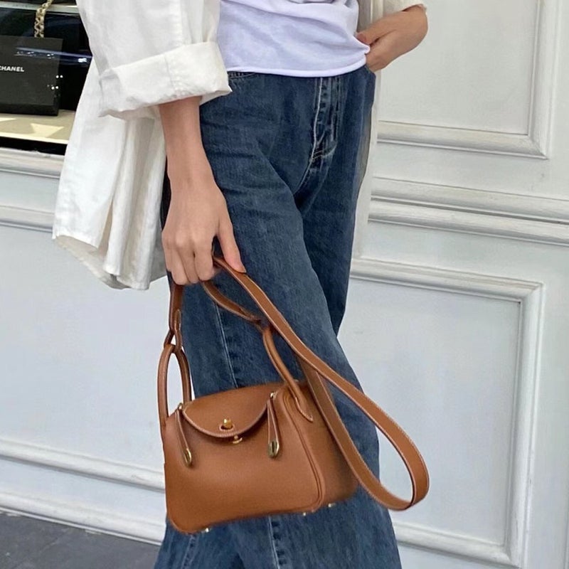 High Fixed Edition Top Layer Cowhide Mini Lindi Bag Genuine Leather Women'S Bag Doctor Bag Advanced Buckle Shoulder Crossbody Bag Small Bag - Image 2