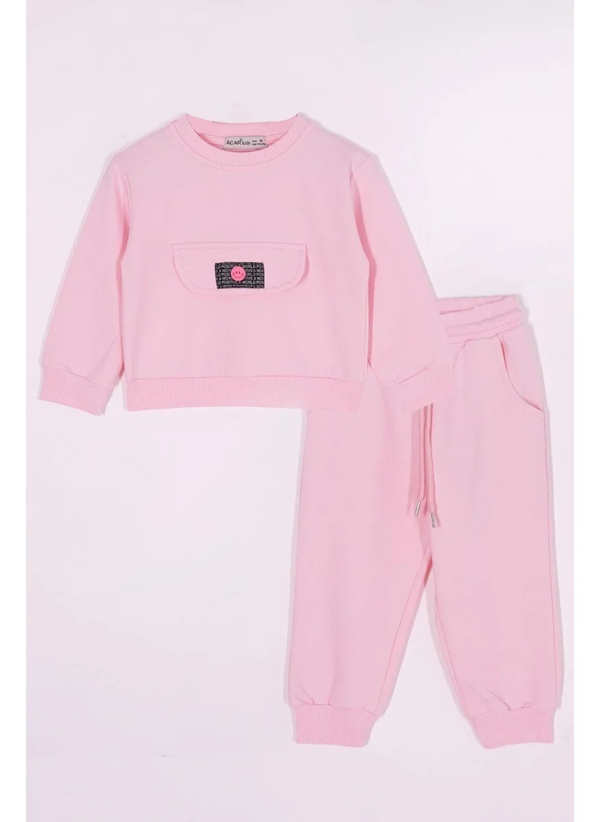 Zepkids Bike Neck Long Sleeve Front Ornamental Pocket Flap Light Pink Color Tracksuit