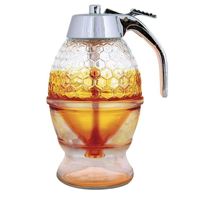 Ameedarshan Transparent Acrylic Honey Syrup Dispenser with Stand Honey Container Beautiful Comb Shaped Oil Pot No Drip Honey Dispenser with High Capacity Pack of 1 - Image 1