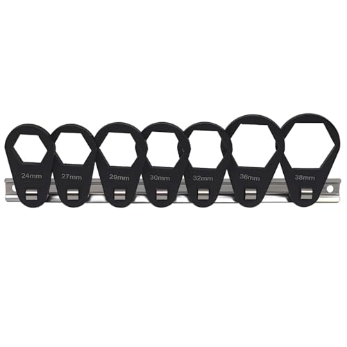 JEUCLEL 7PCS 6 Point 38 Drive Oil Filter Offset Cap Wrench Set Crows Foot Ring Set Universal 2438mm Crowfoot Nut Wrench with Clipon Organizer for Nut Removal and Mechanics Automotive Repair Work - Image 1