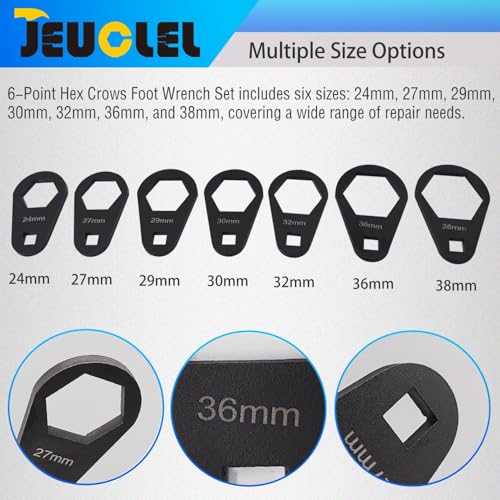 JEUCLEL 7PCS 6 Point 38 Drive Oil Filter Offset Cap Wrench Set Crows Foot Ring Set Universal 2438mm Crowfoot Nut Wrench with Clipon Organizer for Nut Removal and Mechanics Automotive Repair Work - Image 3