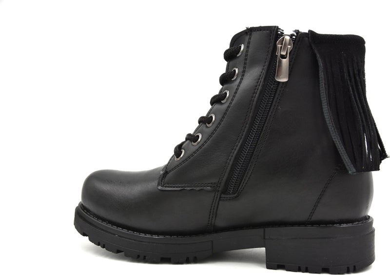 Prego Thermo Non-Slip Sole Laced & Zippered Girl Short Tasseled Combat Boots Black - Image 4