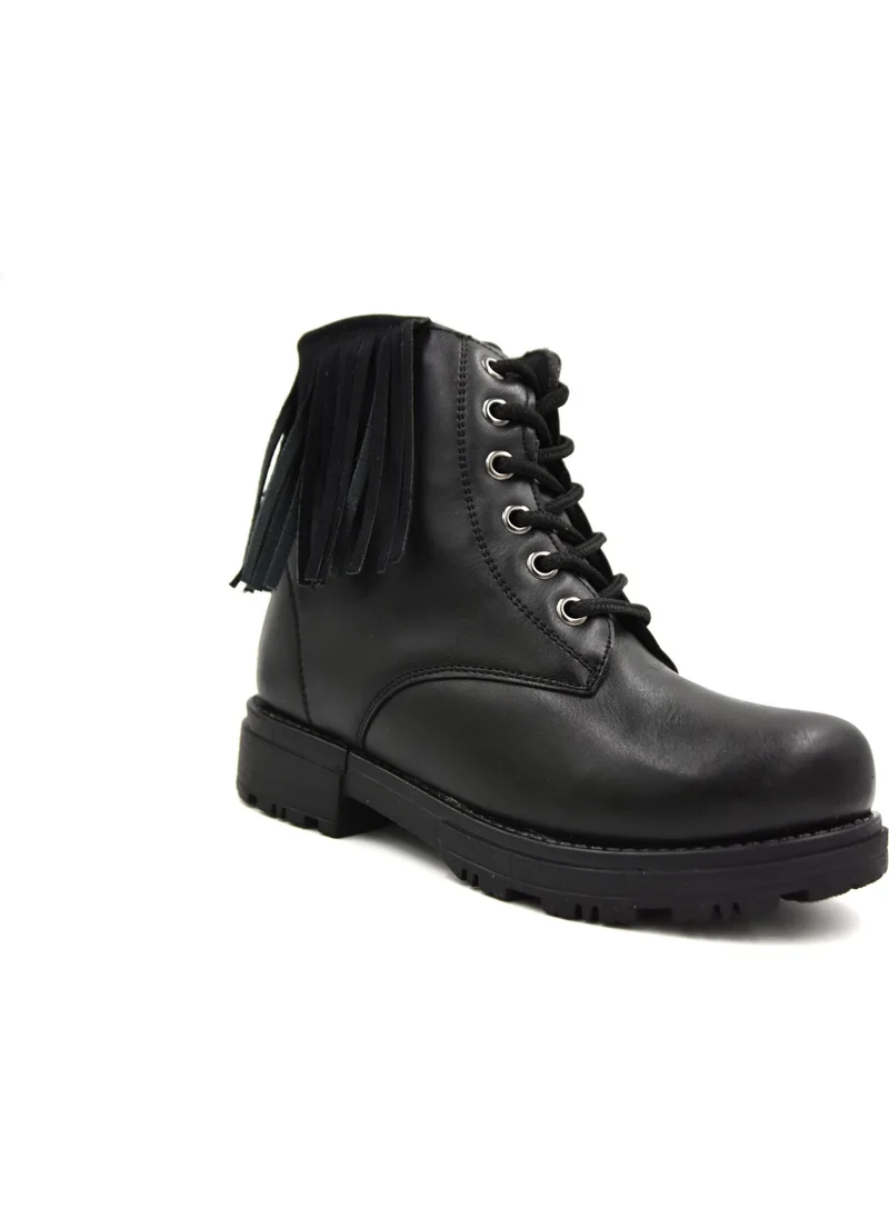 بريجو Thermo Non-Slip Sole Laced & Zippered Girl Short Tasseled Combat Boots Black