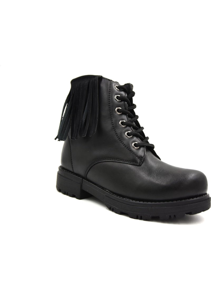 Prego Thermo Non-Slip Sole Laced & Zippered Girl Short Tasseled Combat Boots Black - Image 1
