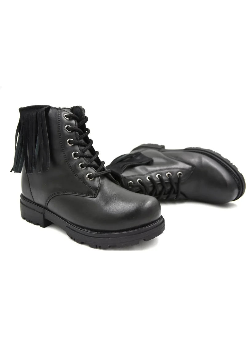 بريجو Thermo Non-Slip Sole Laced & Zippered Girl Short Tasseled Combat Boots Black