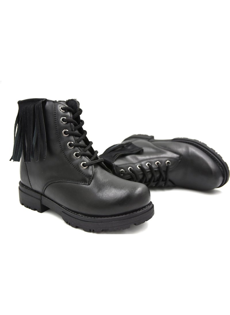 Prego Thermo Non-Slip Sole Laced & Zippered Girl Short Tasseled Combat Boots Black - Image 2