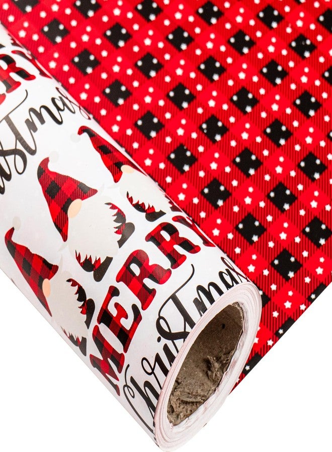 LeZakaa Christmas Red Wrapping Paper Jumbo Roll, Merry Christmas Lettering, Gnome & Red-black Buffalo Plaid Reversible Design for Festive Winter Holiday, Family Gathering, 30 in x 100 ft(250 sq.ft.) - Image 1
