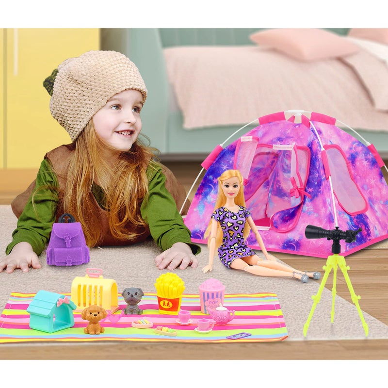K. T. Fancy K.T. Fancy 18 PCS Girl Doll Travel Camping Tent Set and Accessories for 11.5 Inch Girl Doll Includes Doll Tent  Clothes  Backpack  Toy Dog  Placemat  Toy Phone  Glasses (Doll NOT Included) - Image 3