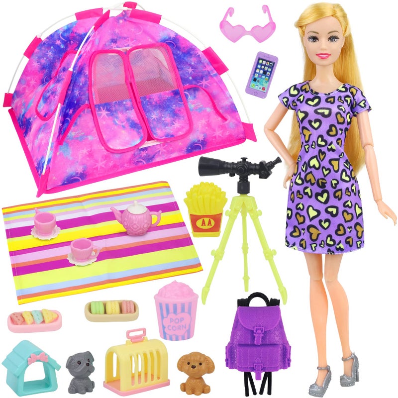 K. T. Fancy K.T. Fancy 18 PCS Girl Doll Travel Camping Tent Set and Accessories for 11.5 Inch Girl Doll Includes Doll Tent  Clothes  Backpack  Toy Dog  Placemat  Toy Phone  Glasses (Doll NOT Included) - Image 1