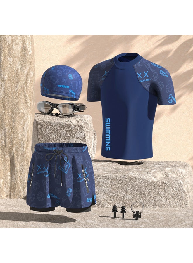 Generic Swimwear Men's Professional Anti-embarrassment Large Size Loose Double-layer Swimming Trunks Sunscreen Hot Spring Full Body Men's Swimwear Suit-Color:Blue Bear Six-piece Suit [swimsuit + Swimming Trunks + Swimming Cap + Swimming Goggles + Nose Clip + Earplugs]]-Size:2XL (weight 65.00 Kg-72.50 Kg - Image 1