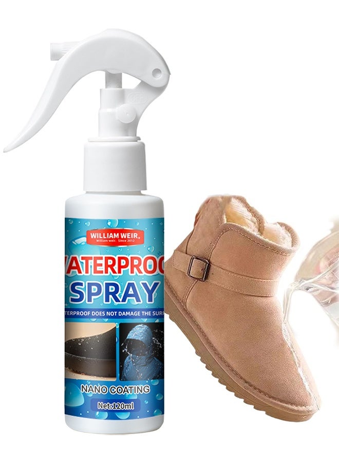 ويليام وير بخاخ واقٍ للماء من الجلد المزوي والقماش، بخاخ لمقاومة الماء للقماش، بخاخ نانوي طارد للماء للأحذية، الأحذية الطويلة، الخيام والمظلات، طارد للسائل والبقع، مقاوم للأوساخ والماء، حماية من المطر والبقع، 120 مل - Image 1