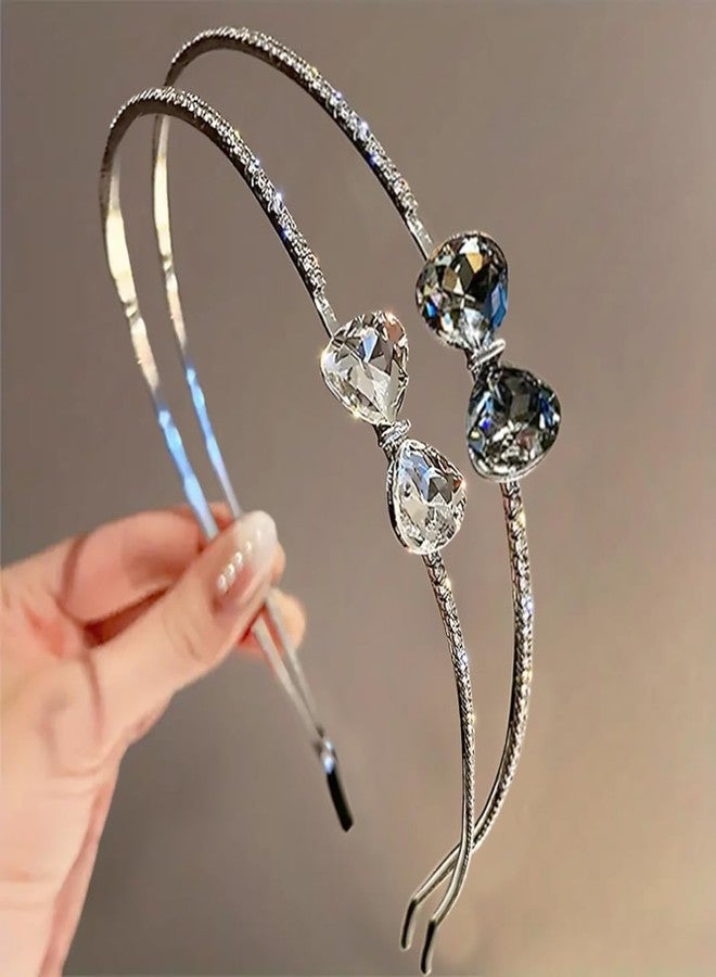 AIBFRID Metal Headbands for Women Fashion Rhinestone Headband with Bow, Crystal Thin Head Bands for Teen Girls Cute Womens Headbands, 2PCS Girls Trendy Stuff Designer Hair Accessories, White & Black - Image 1