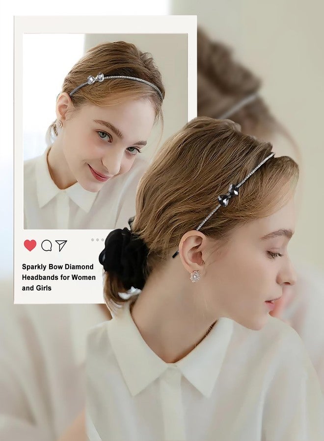 AIBFRID Metal Headbands for Women Fashion Rhinestone Headband with Bow, Crystal Thin Head Bands for Teen Girls Cute Womens Headbands, 2PCS Girls Trendy Stuff Designer Hair Accessories, White & Black - Image 3