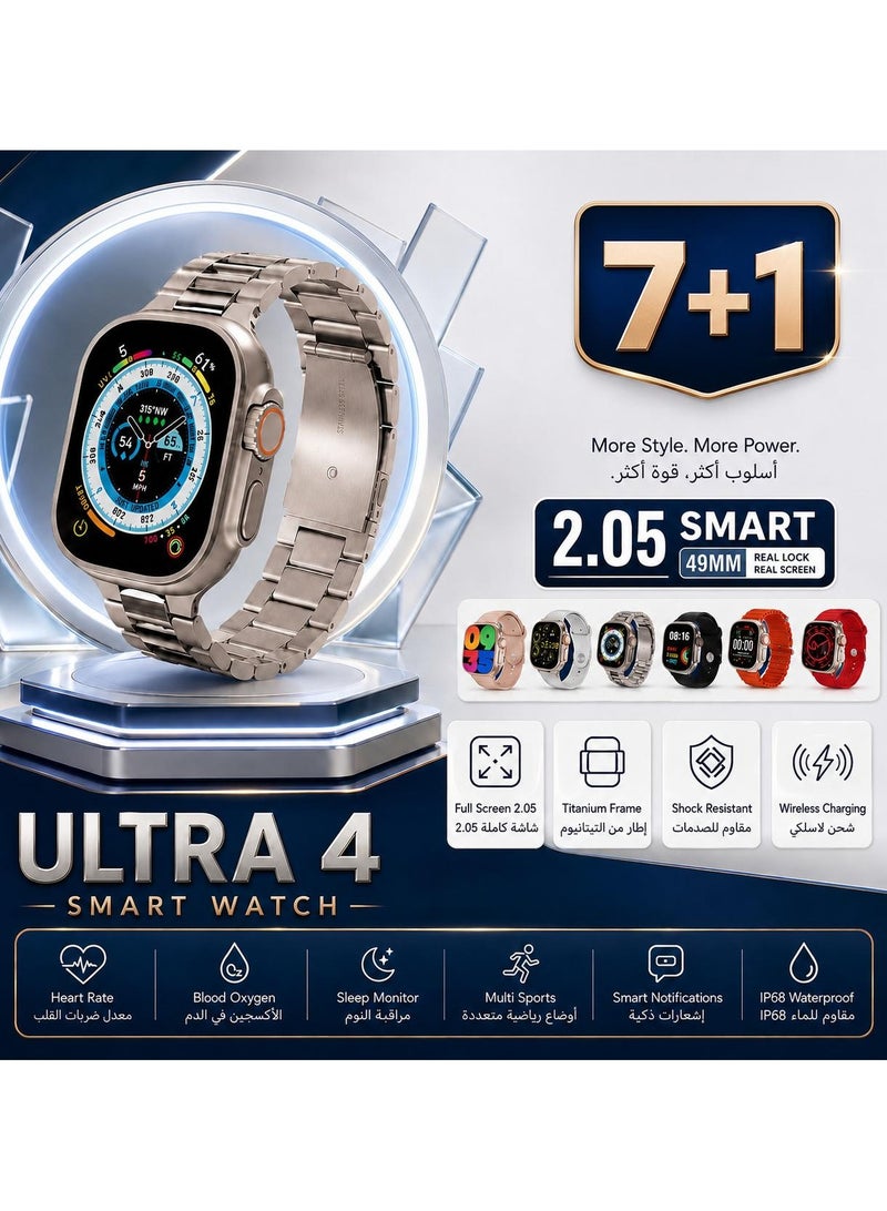 Smart Watch Ultra 4 , 7+1 With Health Fitness Tracker Sport Watch, 7 addition Replacement Band 49MM-Multicolour - Image 1