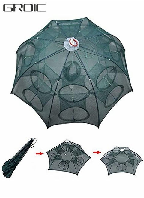 Fishing Net Trap Portable Folding Collapsible Crab Network Immersion Bait Shrimp Crayfish Cage Tiddler Trap Mesh Automatic 10 Holes--Green