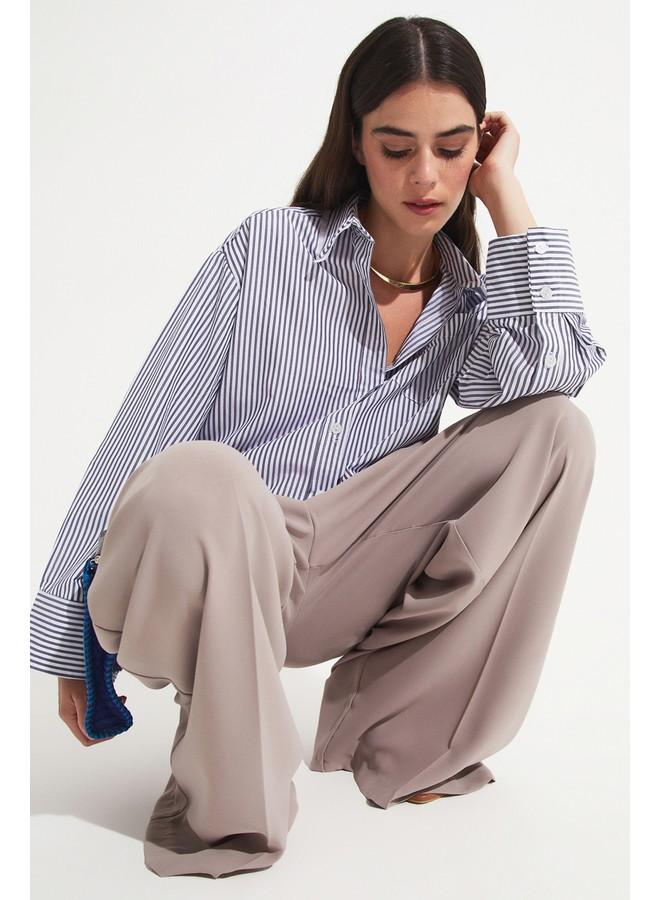 June Women Cotton Blend Striped Cotton Blend Shirt Black - Image 3