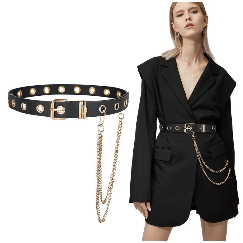 FIORETTO Grommet Leather Belt with Detachable Chain Women Men Punk Rock Waist Belts for Jeans Pants Single Holes (With Gold Chain) - Image 1
